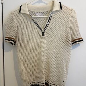 Frame Denim Cream Open-Weave Polo with Black and Brown Trim